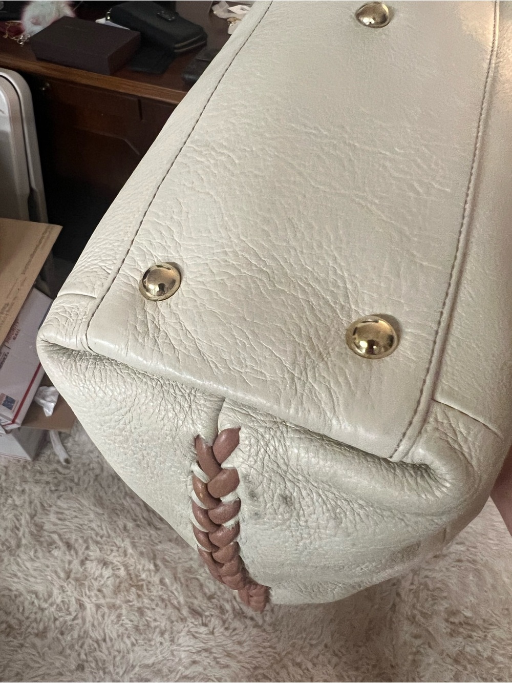 Furla Ivory Whipstitch Leather Tote with Tan Handles - Picture 7 of 10